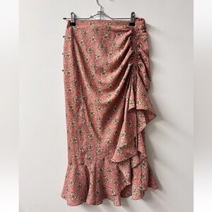Max Studio Floral Ruched Side Ruffle Hem Midi Skirt Coral Sz S Excellent Cond.